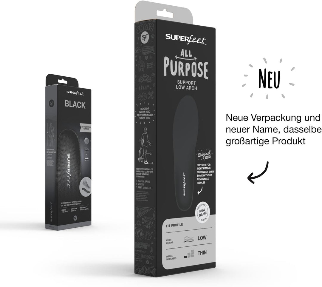 Superfeet BLACK Schuheinlagen Flexible dünne Premium Einlegesohlen für Orthopädischen Halt in engen