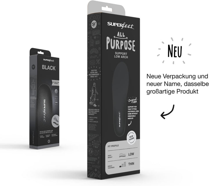 Superfeet BLACK Schuheinlagen Flexible dünne Premium Einlegesohlen für Orthopädischen Halt in engen