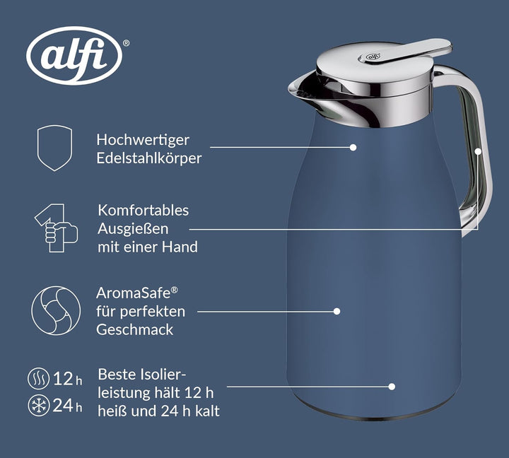 alfi SKYLINE 1,0l, deep water, Edelstahl-Isolierkanne mit hygienischem Hartglaseinsatz, Drehverschlu