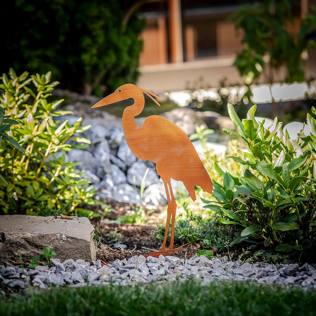 MM Steel Styles Edelrost Reiher Gartenstecker-einfach einsteckbare Rostdeko aus hochwertigem Cortens