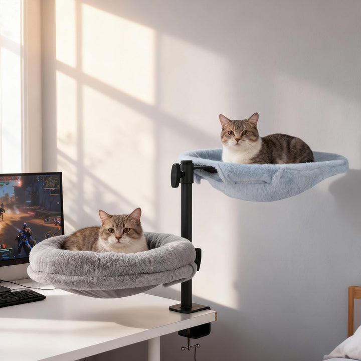 Odoland Doppel Katzenbett für Schreibtisch, 360° drehbare, Verstellbare Katzen Schreibtisch Bett für