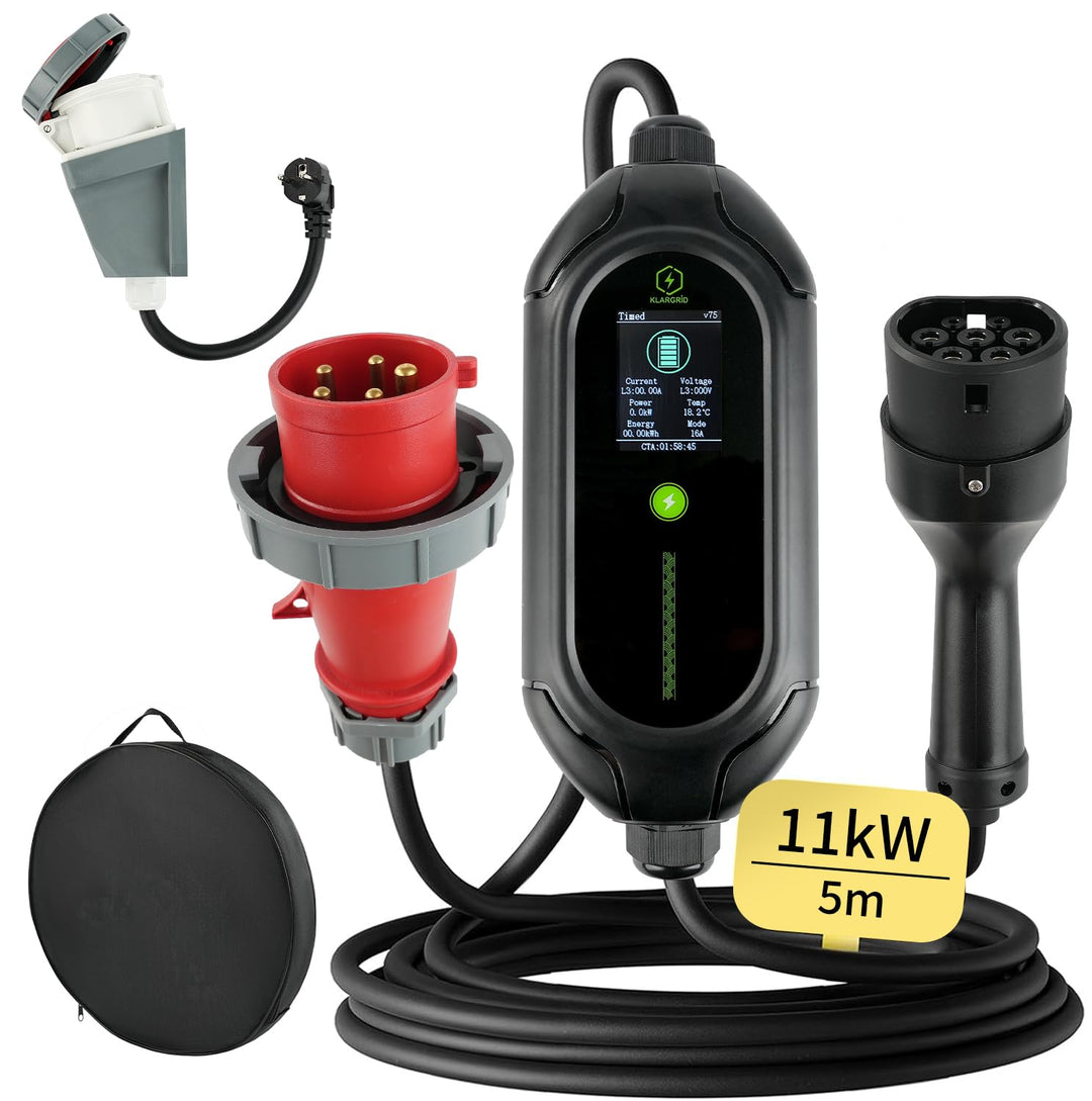 11kW Mobile EV Ladestation 5 m 3-phasig Typ 2 Ladekabel 6-16A verstellbar, CEE16A Wasserdicht Auto L