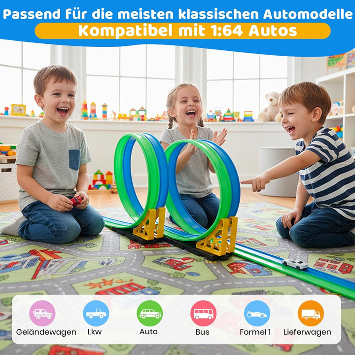 Flexible Autorennbahnen Kinder, 4.5M Rennbahn Inklusive 4 Autos, Tragbare Dual-Rennstrecke mit Rampe