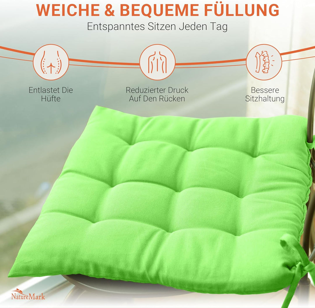 NatureMark 4er Set Stuhlkissen mit Bändern Gr. 40x40 cm Sitzkissen gefüllt, Apfel grün 4 Stück (1er