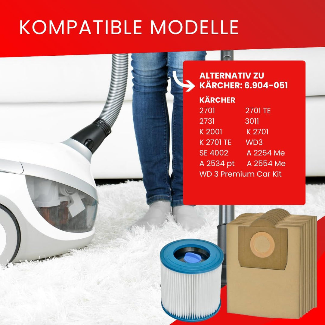 Invest - Staubsaugerbeutel Ersatz, Filtertüten Beutel Kompatibel mit Kärcher Staubsauger: WD3, MV3,