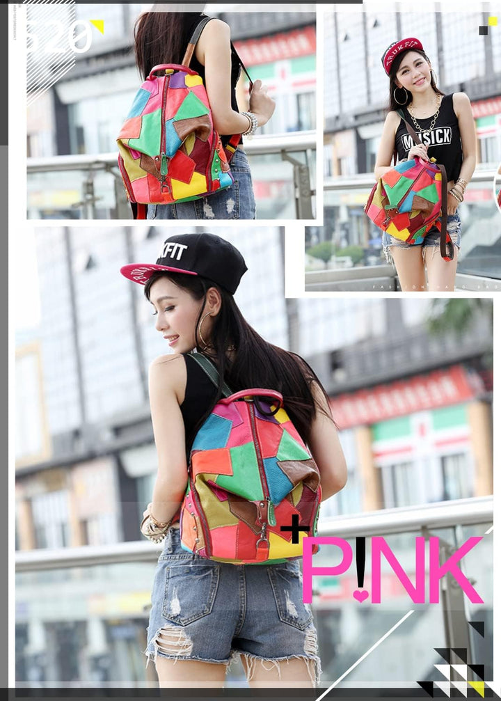 Eysee Rucksack Damen Leder Rucksackhandtasche-Rind Leder Daypack Collage Gradient 2019 NEU Mehrfagib