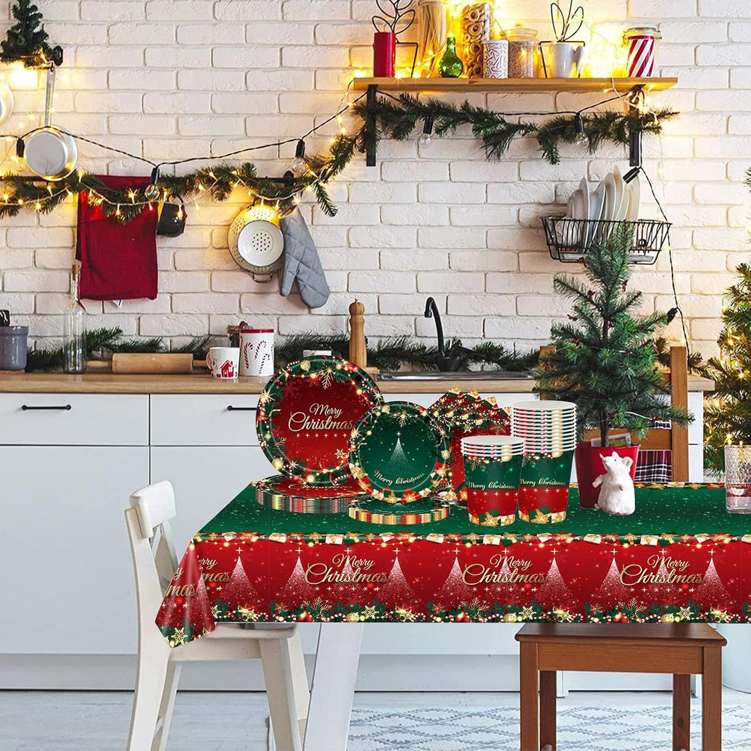 Weihnachtspapier Partygeschirr Set,70 Stück Rot Grün Weihnachtskranz Pappteller Becher, Servietten T