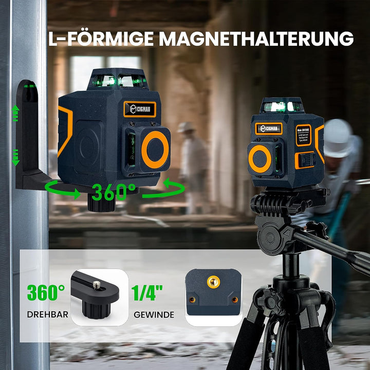 CIGMAN Kreuzlinienlaser Grün 2 x 360 Grad Laser Nivellierlaser mit wiederaufladbarer Lithiumbatterie
