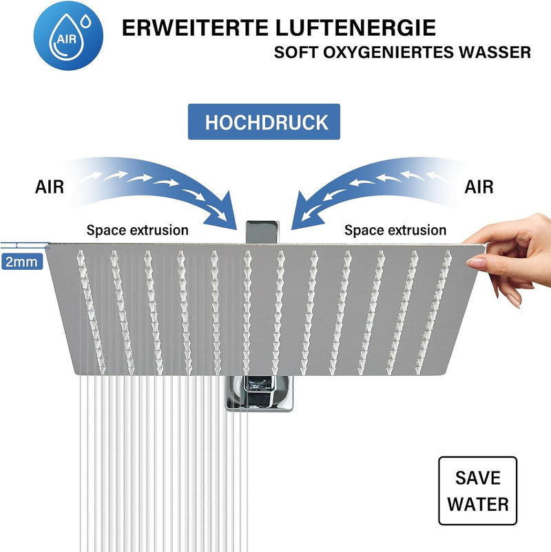 Rozin Regendusche Duschkopf 12 Zoll(30 cm) Quadratischer Ultradünne Edelstahl Hochdruck Kopfbrause R