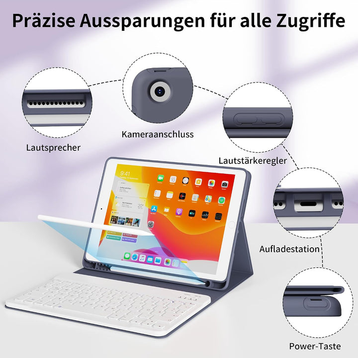 Tastatur Hülle für iPad 9. 8. 7. Generation 2021/2020/2019 10,2 Zoll mit Stifthalter, Magnetisch Blu