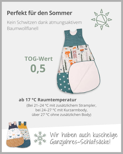 ULLENBOOM Sommerschlafsack Baby Waldtiere Petrol (Made in EU) - Aus OEKO-TEX Materialien - 0,5 TOG,