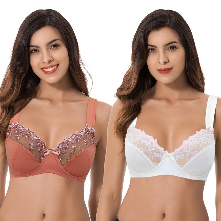 Curve Muse Damen Übergrösse Minimizer Bügel-BH mit Stickspitze - 2er Pack 75C Braune, Buttermilch(2e