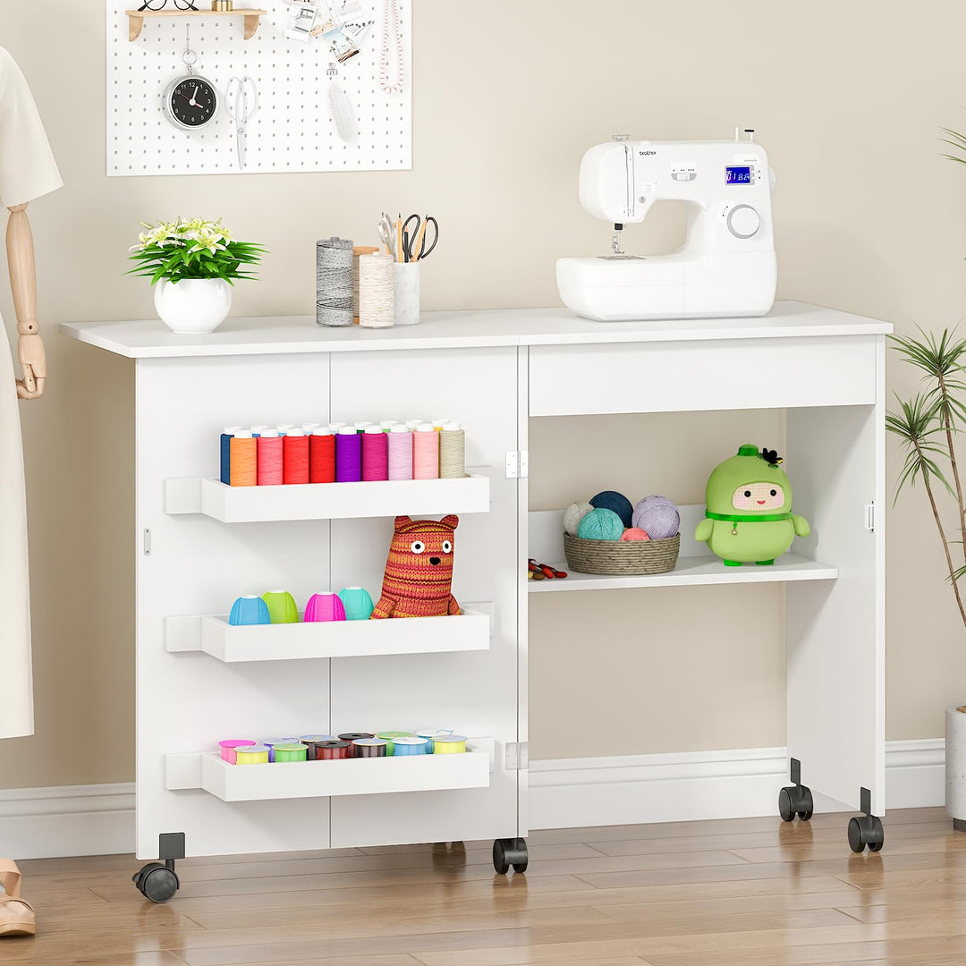 Nähtisch Klappbar, 2-in-1 Nähmaschinentisch, Nähmaschinenschrank mit Offenen Ablagefächern und Rolle