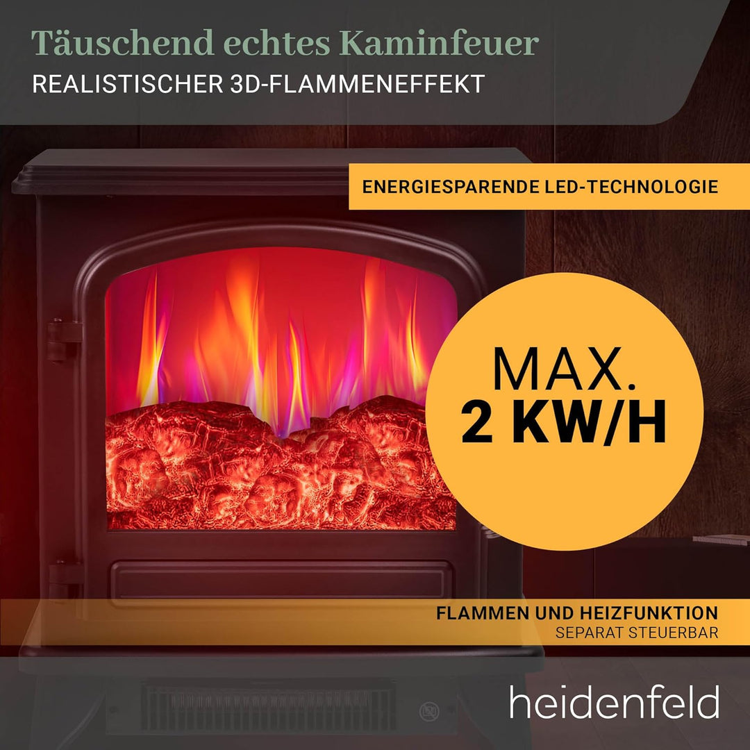 Heidenfeld Elektrokamin EK100 | 𝟯 𝐉𝐀𝐇𝐑𝐄 𝐆𝐀𝐑𝐀𝐍𝐓𝐈𝐄 - 2000 Watt - Energiesparende LEDs - Glasfront - 2