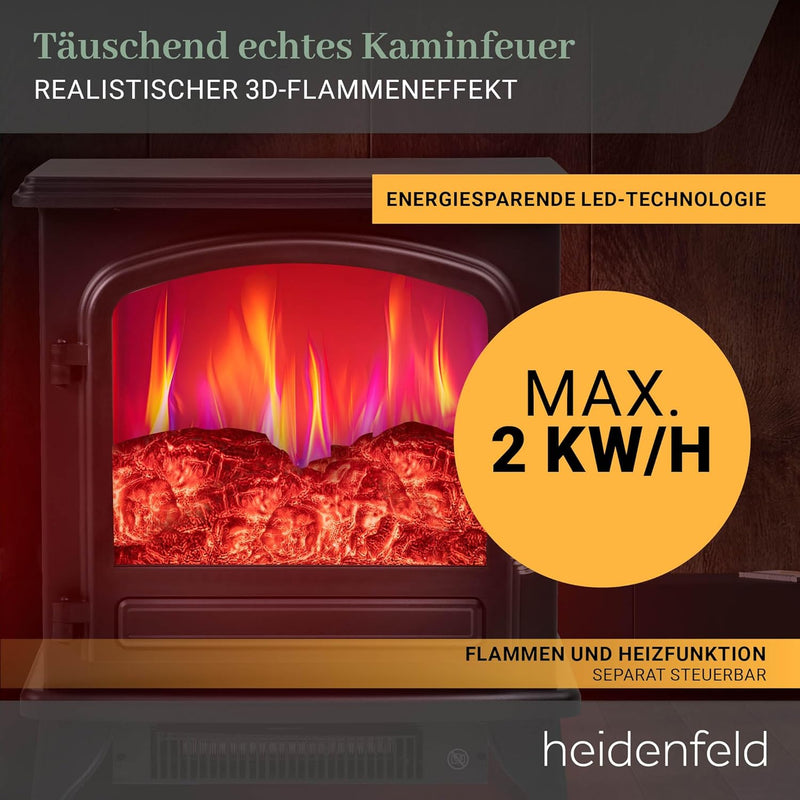 Heidenfeld Elektrokamin EK100 | 𝟯 𝐉𝐀𝐇𝐑𝐄 𝐆𝐀𝐑𝐀𝐍𝐓𝐈𝐄 - 2000 Watt - Energiesparende LEDs - Glasfront - 2