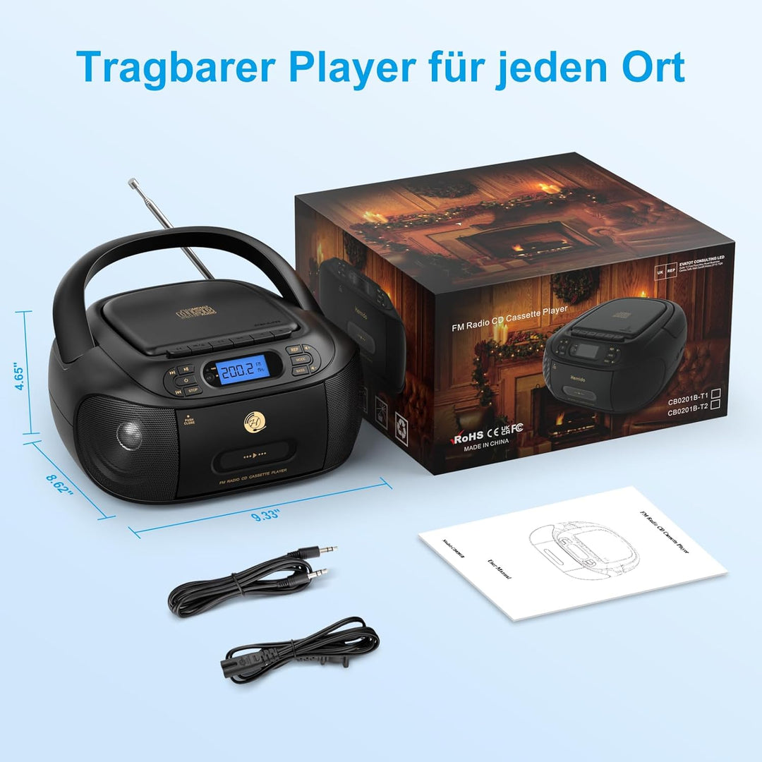 Hernido CD-Player mit Kassette, CD Boombox mit Bluetooth, UKW-Radio, Eingebauten Stereo-Lautsprecher