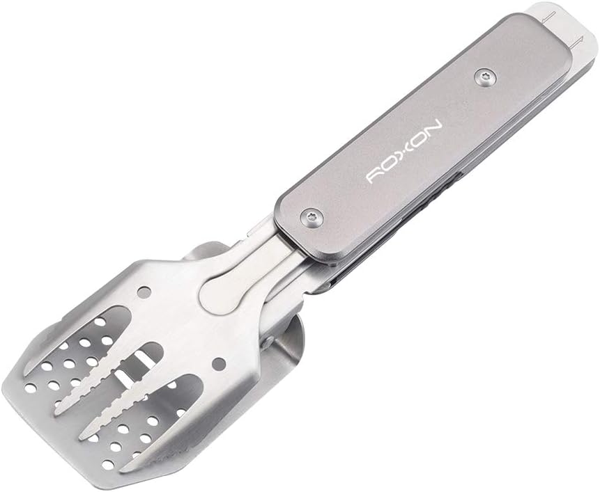Roxon 4 in 1 kompaktes Mini BBQ Grill-Set mit Spatel, Gabel, Zange und Flaschenöffner für Wandern Ca