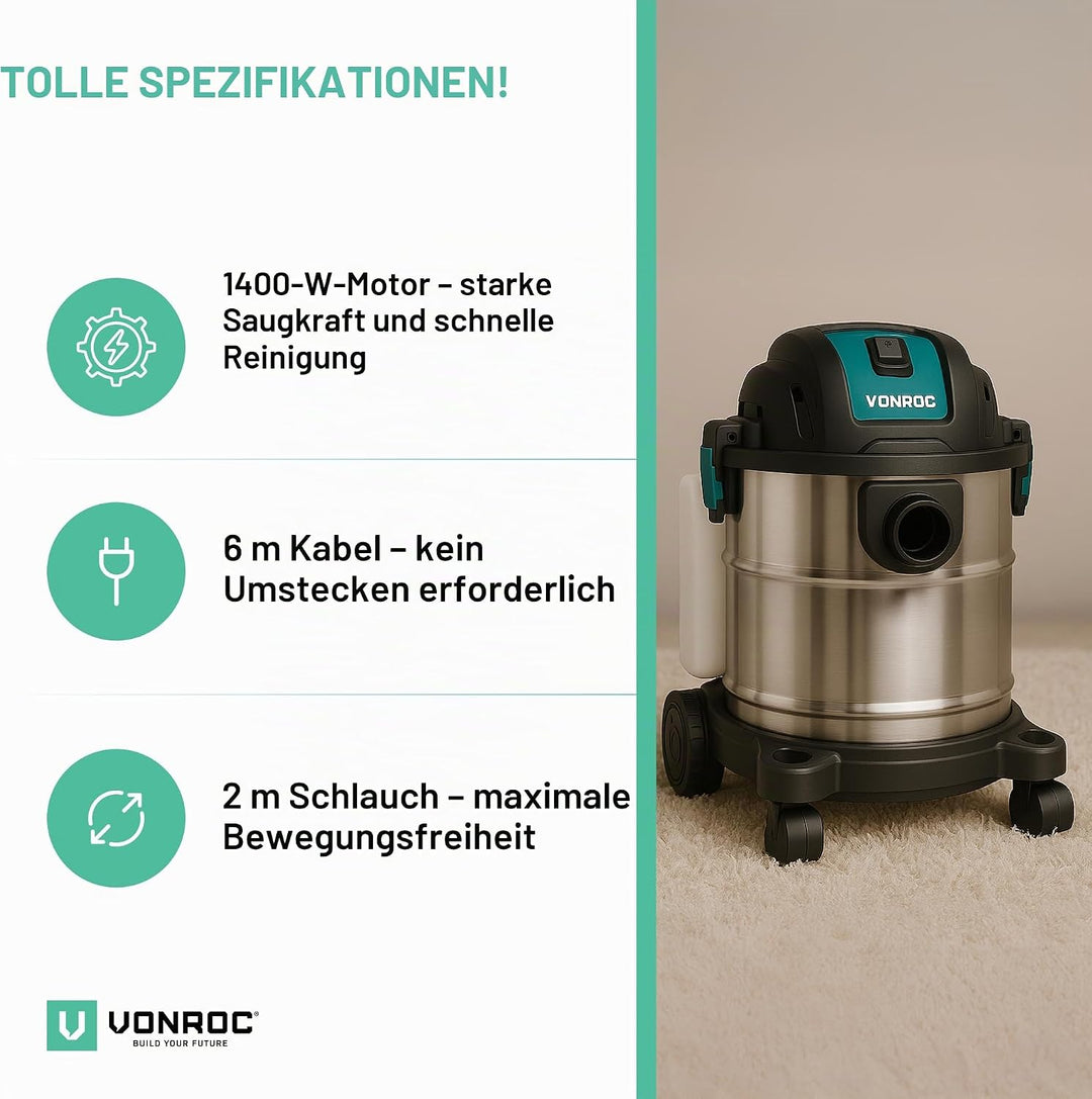 VONROC Teppichreiniger 1400W – Staubsauger Nass- und Trockensauger – Inkl. Reinigungsmittel, Staubbe