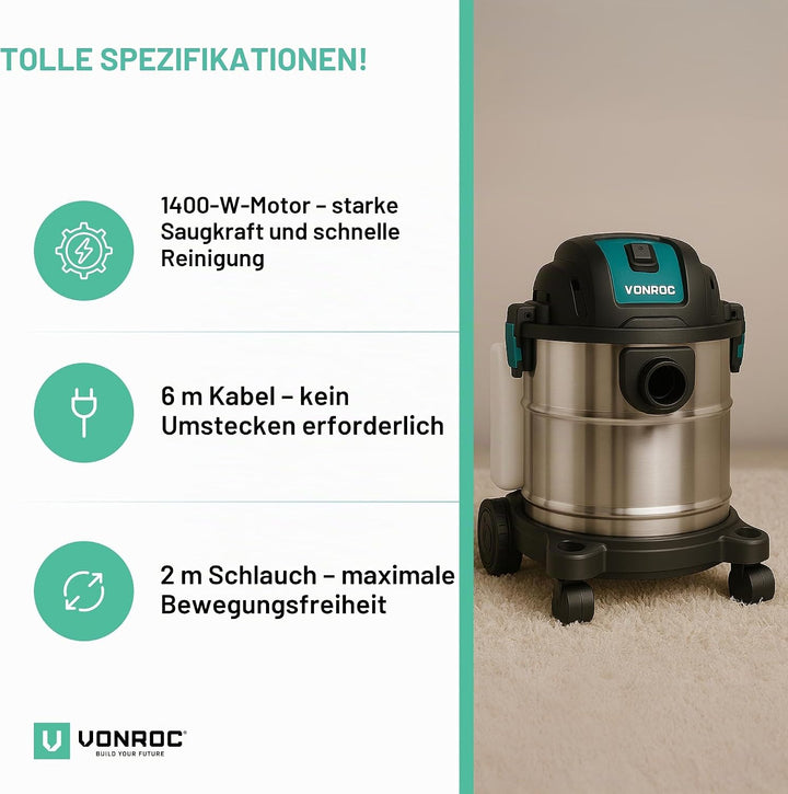 VONROC Teppichreiniger 1400W – Staubsauger Nass- und Trockensauger – Inkl. Reinigungsmittel, Staubbe