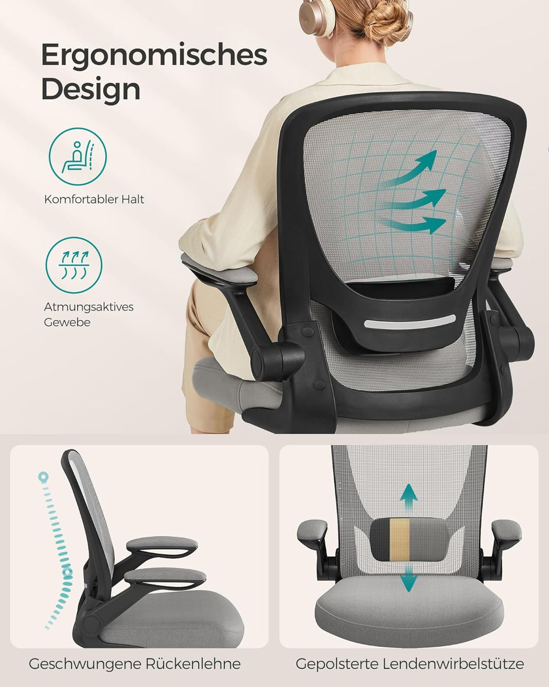 SONGMICS Bürostuhl ergonomisch, Drehstuhl mit Mesh, Lendenstütze, Wippfunktion, 53 cm grosse Sitzflä