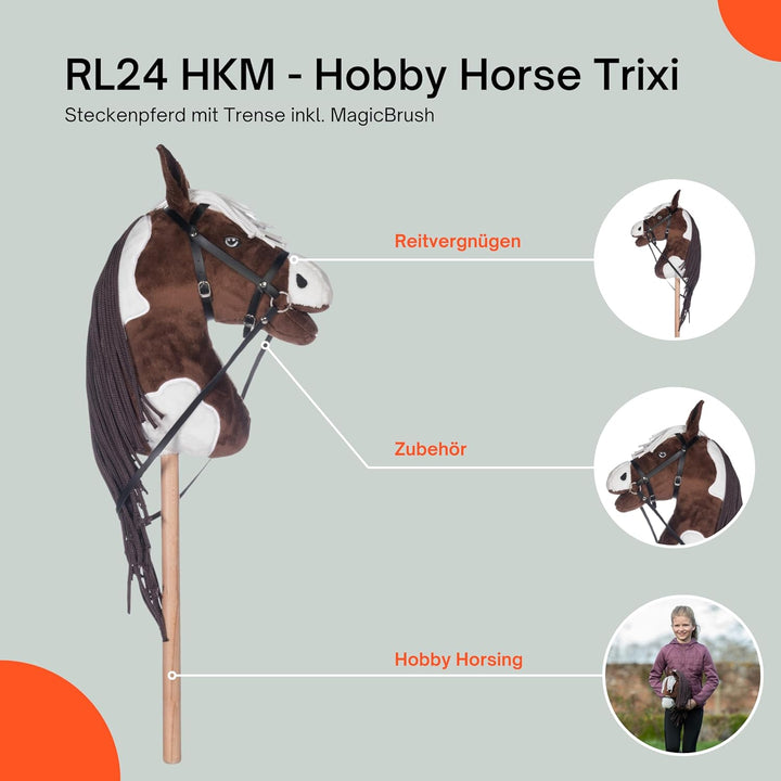 RL24 HKM - Hobby Horse inkl MagicBrush | Steckenpferd mit Trense | Spielpferd aus Plüsch mit Holzsto
