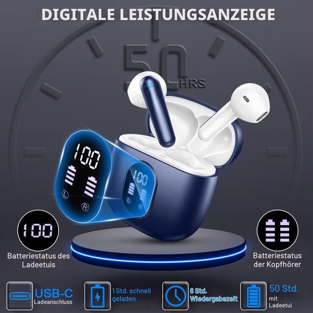 Bluetooth Kopfhörer, Kopfhörer Kabellos Bluetooth 5.3 In Ear Kopfhörer Bluetooth mit 4 Mic, 50H Kabe