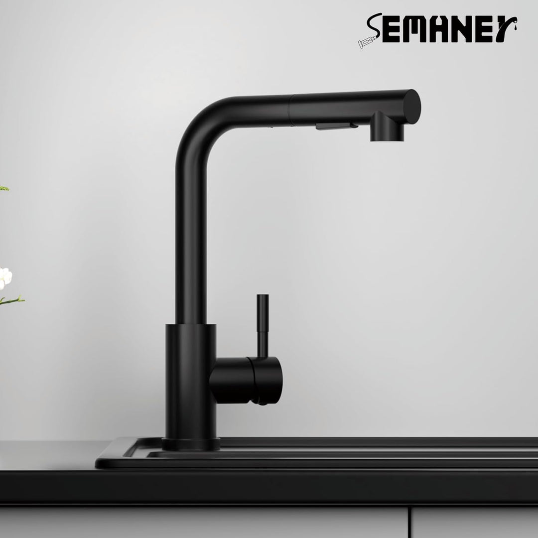 Wasserhahn Küche Schwarz, SEMANEY Hochdruck Küchenarmatur mit Brause Ausziehbar Zwei Strahlarten, Sp