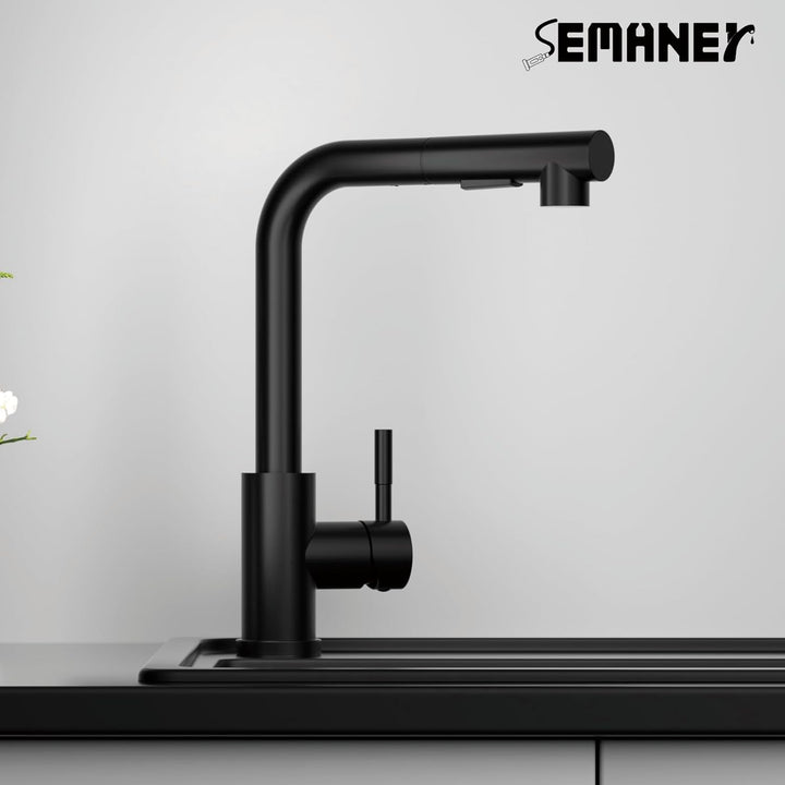 Wasserhahn Küche Schwarz, SEMANEY Hochdruck Küchenarmatur mit Brause Ausziehbar Zwei Strahlarten, Sp