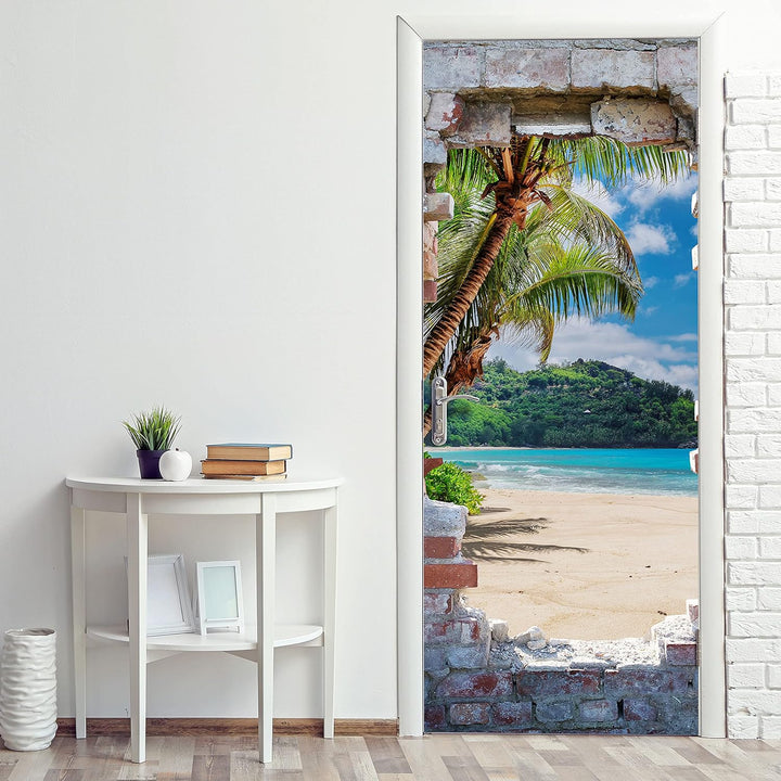 wandmotiv24 Türtapete 3D Steinwand, Paradies, Meer, Strand 80 x 200cm (B x H) - Dekorfolie selbstkle