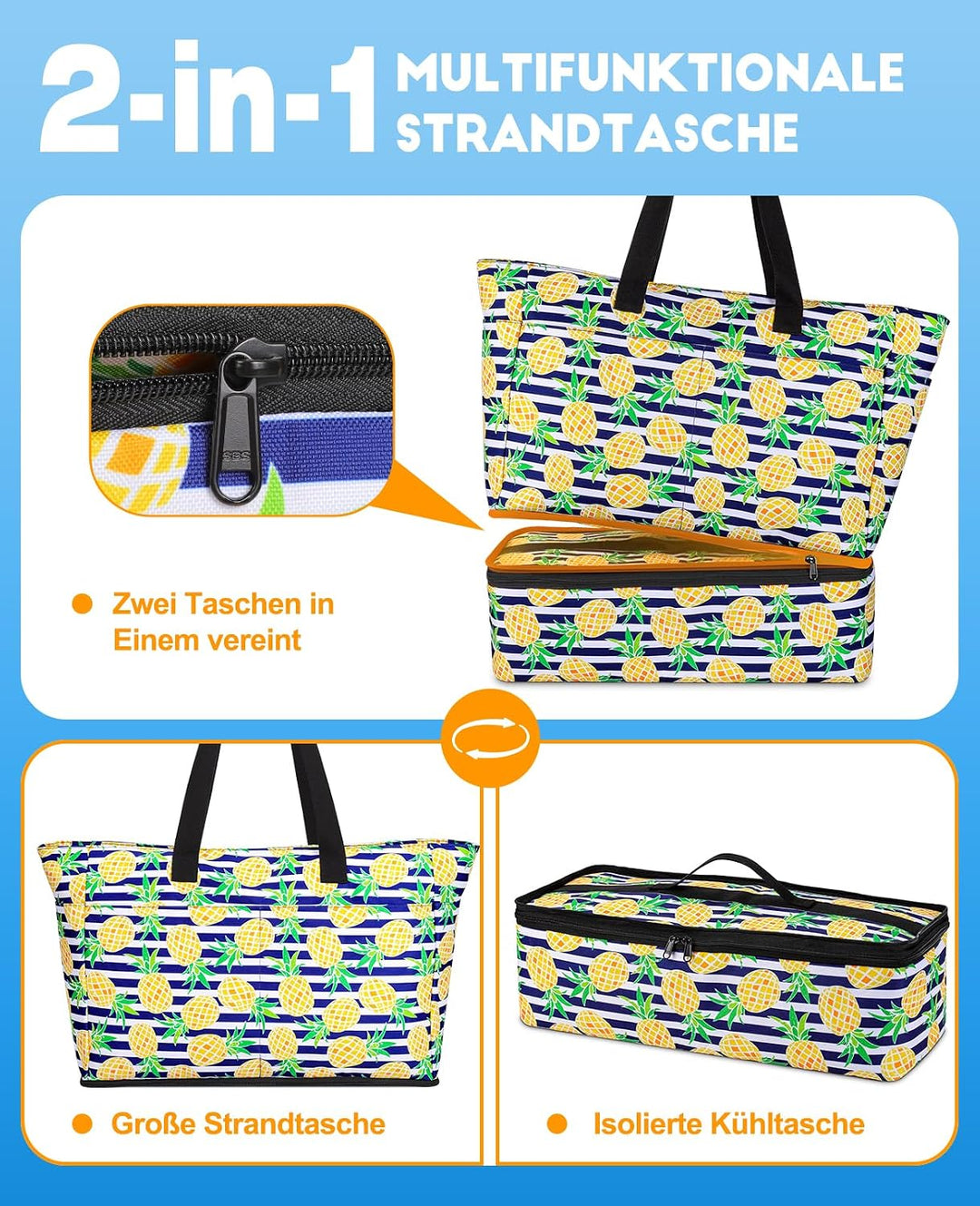 ISEYOU Strandtasche XXL Familie mit Kühltasche, Gross Strandtasche mit Reissverschluss Wasserdicht S