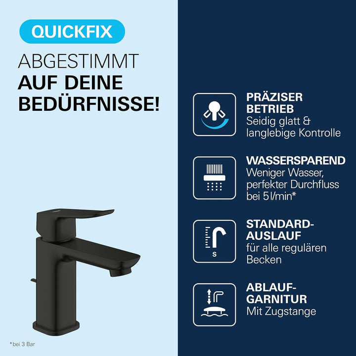 GROHE Dice, Waschtischarmatur, wassersparend (Wasserhahn für das Bad, Badarmatur mit Zugstangen-Abla