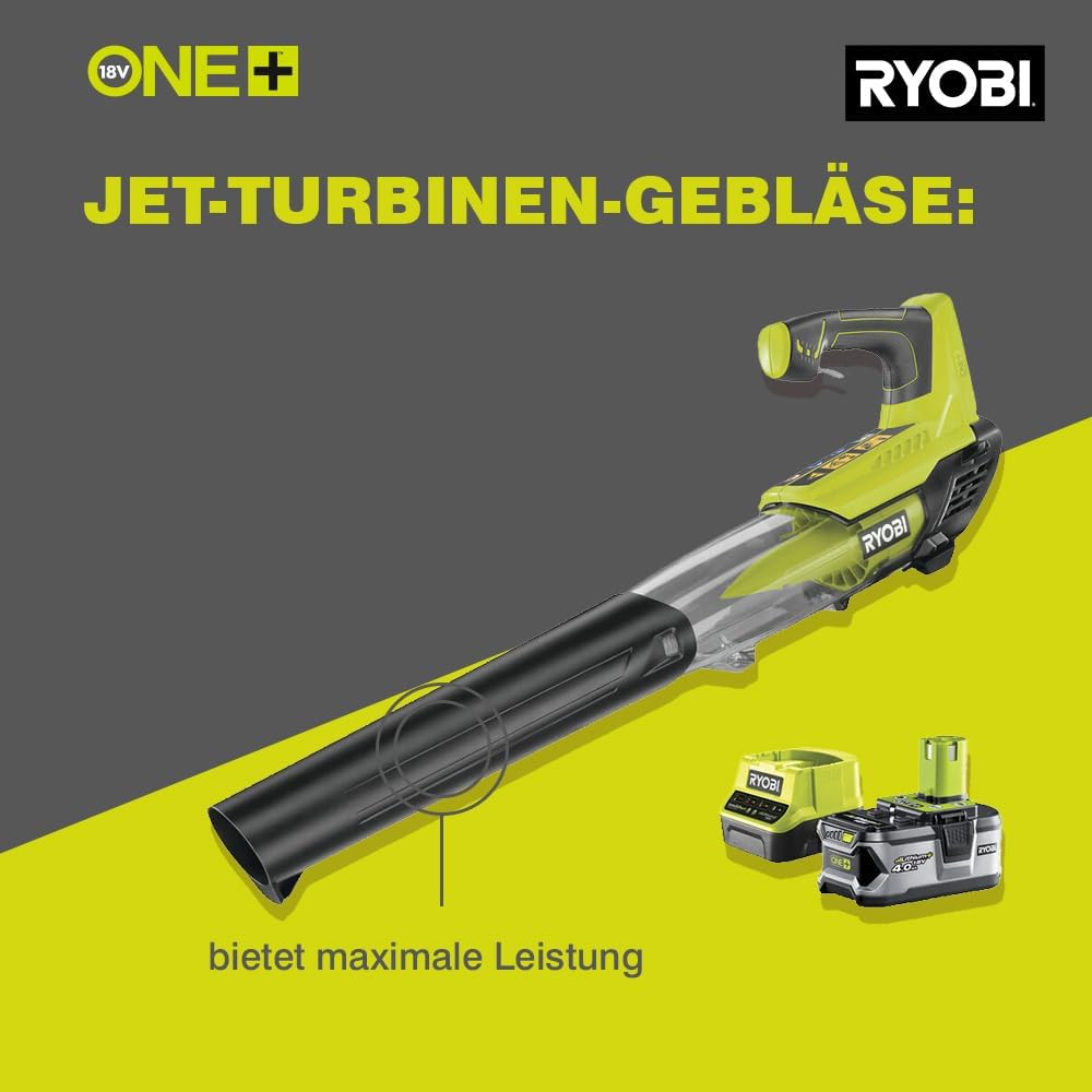 Ryobi 18 V ONE+ Akku-Laubgebläse RBL18JB40F (Luftgeschwindigkeit 160 km/h, Luftmenge 7,9 m³/min, Jet