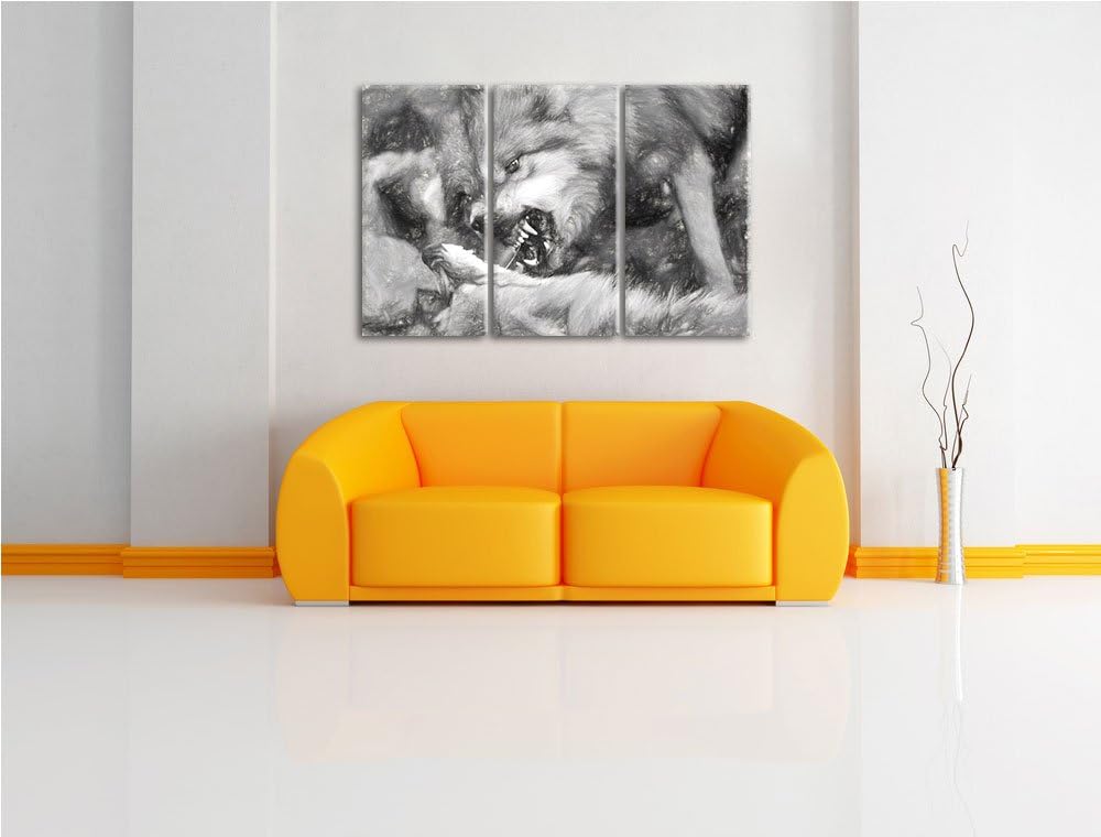 kämpfende Wölfe Spezial 3-Teiler Leinwandbild 120x80 Bild auf Leinwand, XXL riesige Bilder fertig ge