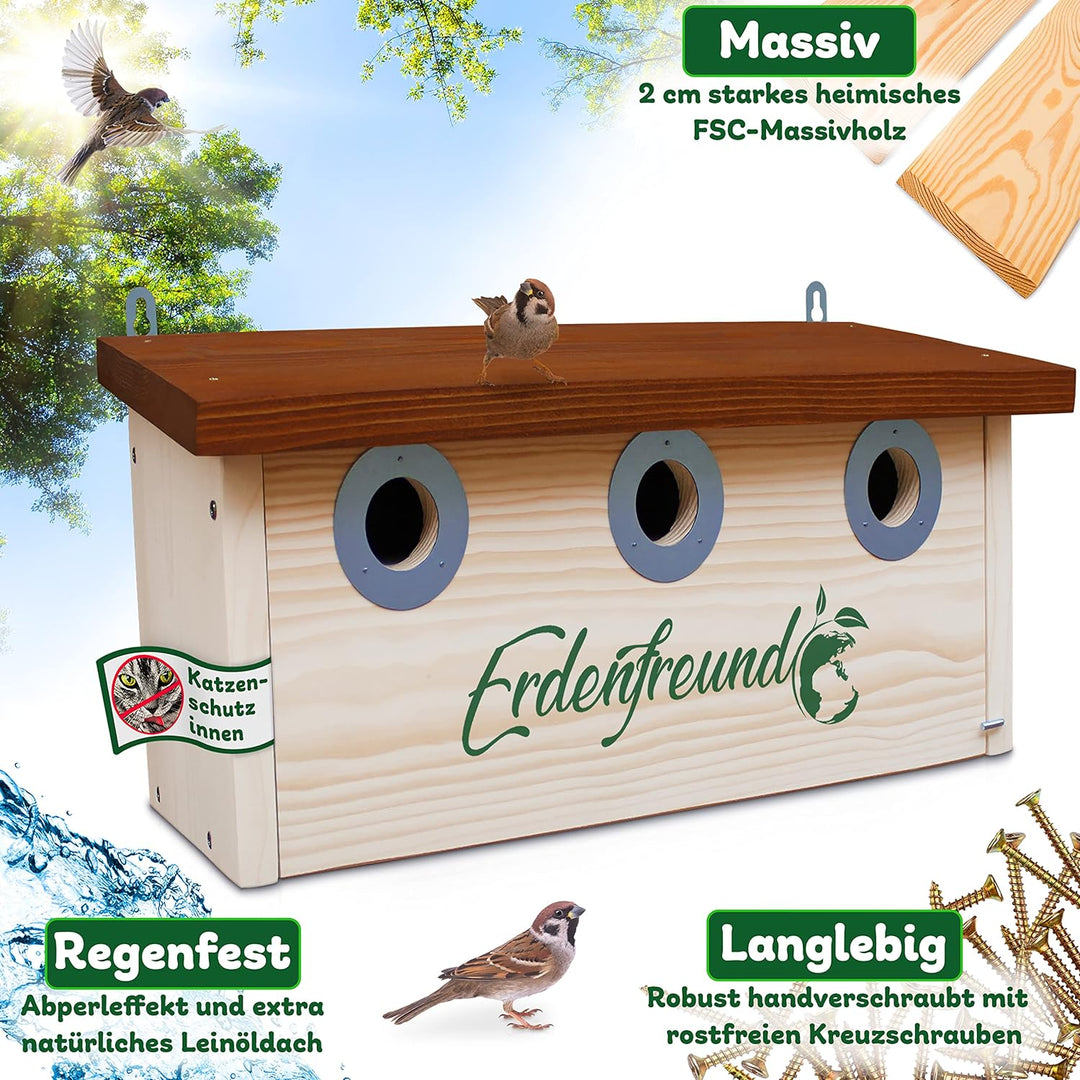 ERDENFREUND® Spatzen Nistkasten Marder-/Katzenschutz räubersicherer Brutkasten für Vögel pickfester