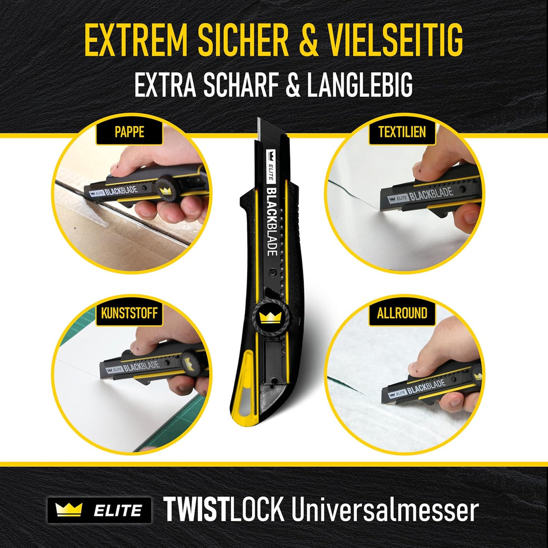 3x ELITE TWISTLOCK Universalmesser-Set inkl. 13x BLACKBLADE-Ersatzklingen – Vielseitiges Teppichmess