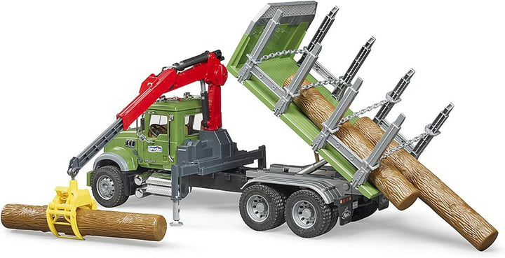 bruder 02824 - Mack Granite Holztransport-LKW mit Ladekran, Greifer & 3 Baumstämmen - 1:16 Holztrans