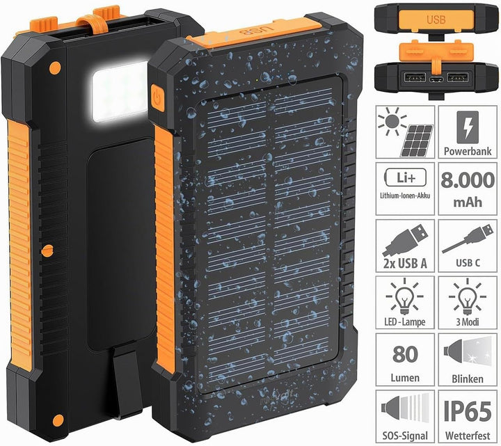 revolt Solar Ladegerät Handy: Solar-Powerbank, 8.000 mAh, 2X USB 2A, Typ-C-Input, IP65, LED-Lampe (S