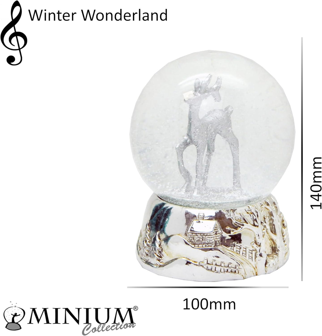 20135 Schneekugel Hirsch silber mit Silber-Sockel gross geschwungen 100mm Durchmesser