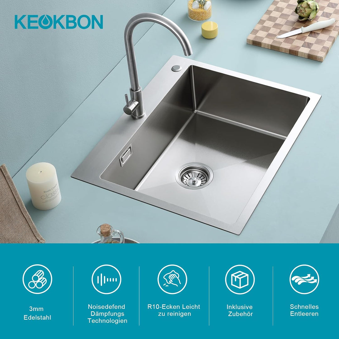 Spülbecken 60 x 50 cm, KEOKBON Nanosilber Spüle Küche Edelstahl 1 Becken, edelstahlspüle mit Hahnloc