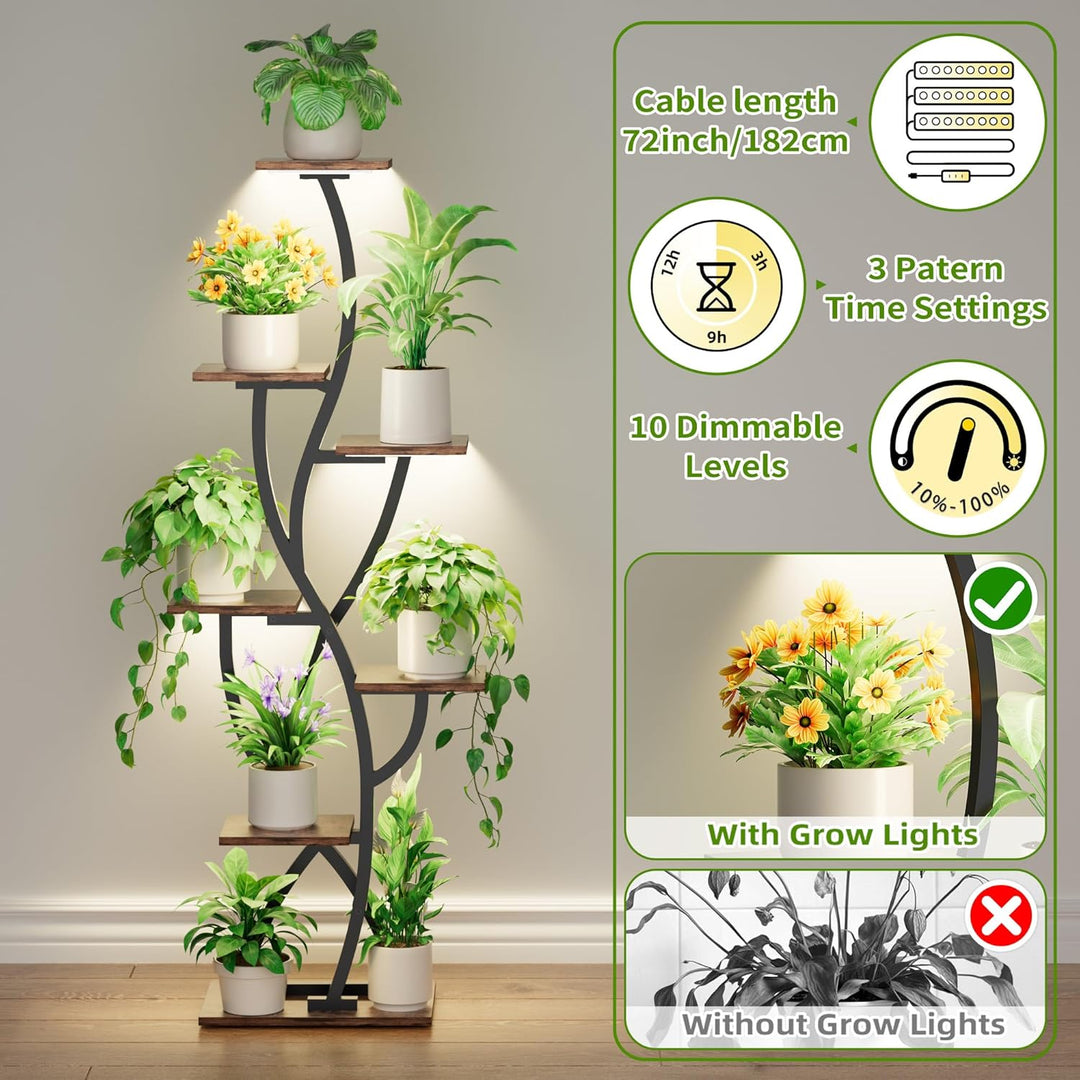 Pflanzenregal mit Wachstumslicht - 7 Ebenen Blumenständer 147cm Metall Holz Pflanzenständer - Innen