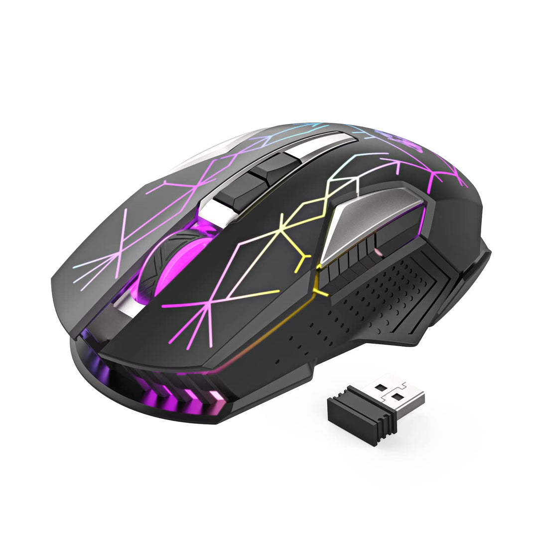 Kabellose Gaming-Maus, 2400 DPI, Seitentaste, USB Empfänger, Atmung RGB-Beleuchtung, 7 Tasten Lautlo