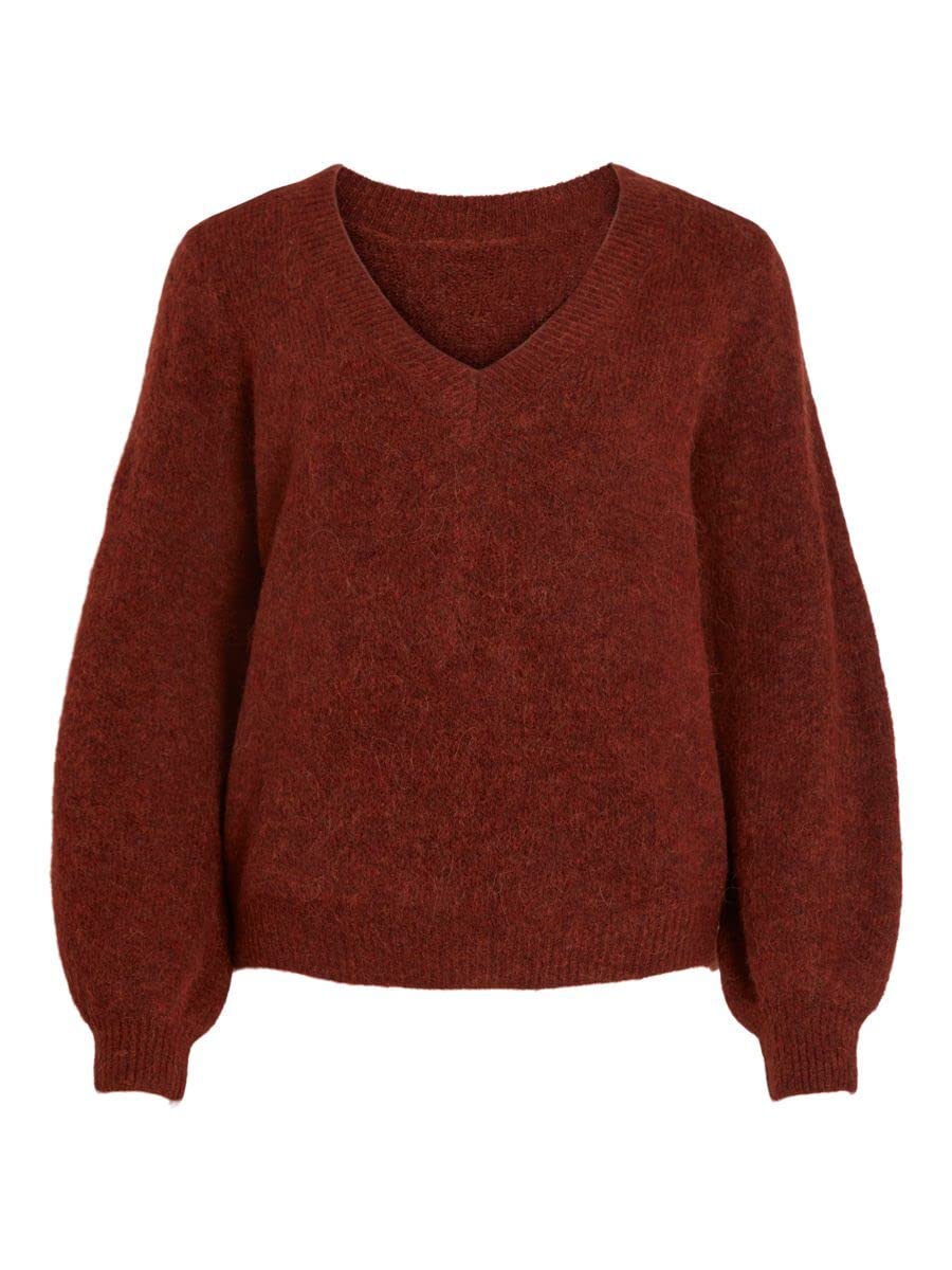 Vila Damen Vijamina Rev V-Neck L/S Knit Top-Noos Strickpullover XL Fired Brick, XL Fired Brick