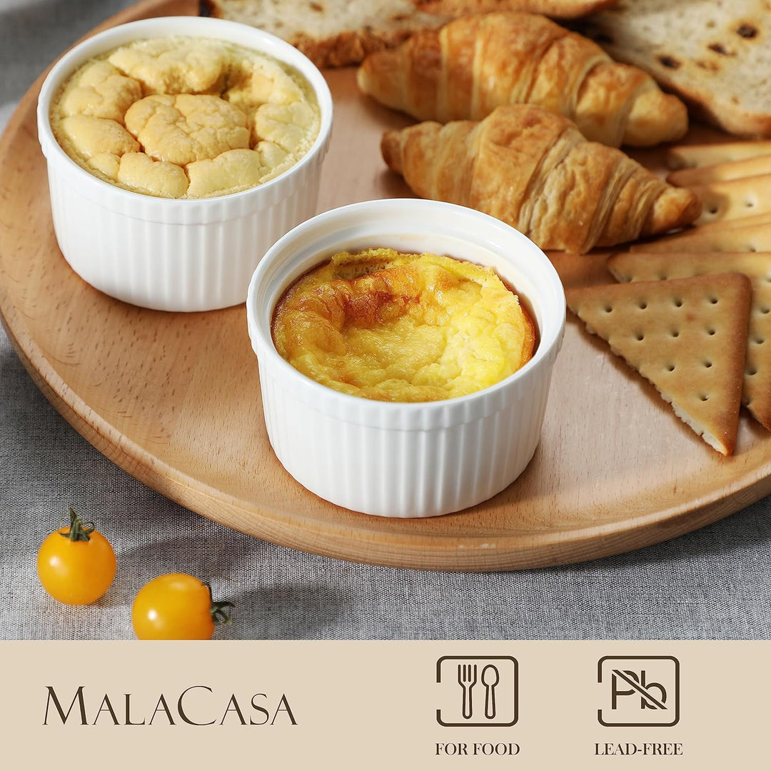 MALACASA Creme Brulee Schälchen mit Deckel 6er Set, 240 ml Porzellan Souffle Förmchen Backofenfest,