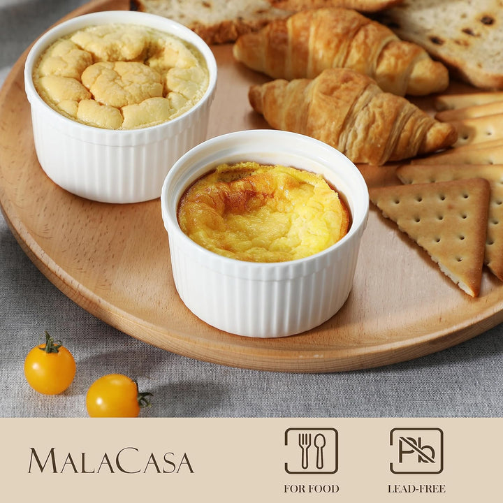 MALACASA Creme Brulee Schälchen mit Deckel 6er Set, 240 ml Porzellan Souffle Förmchen Backofenfest,