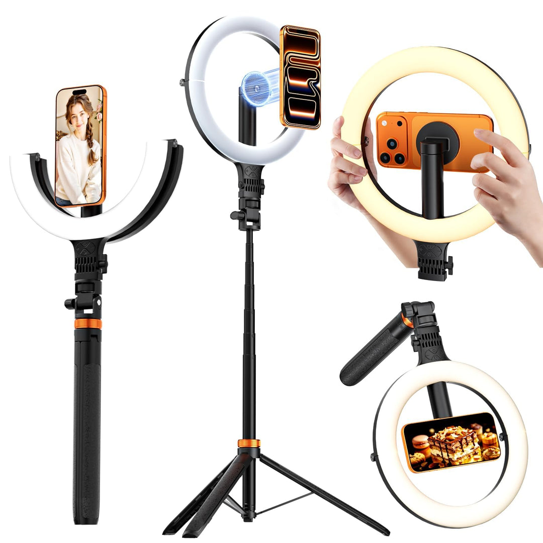 CloudValley 10" Magnet Ringlicht mit 76" Stativ, Handy Stativ mit 5000mAh wiederaufladbarem Licht, F