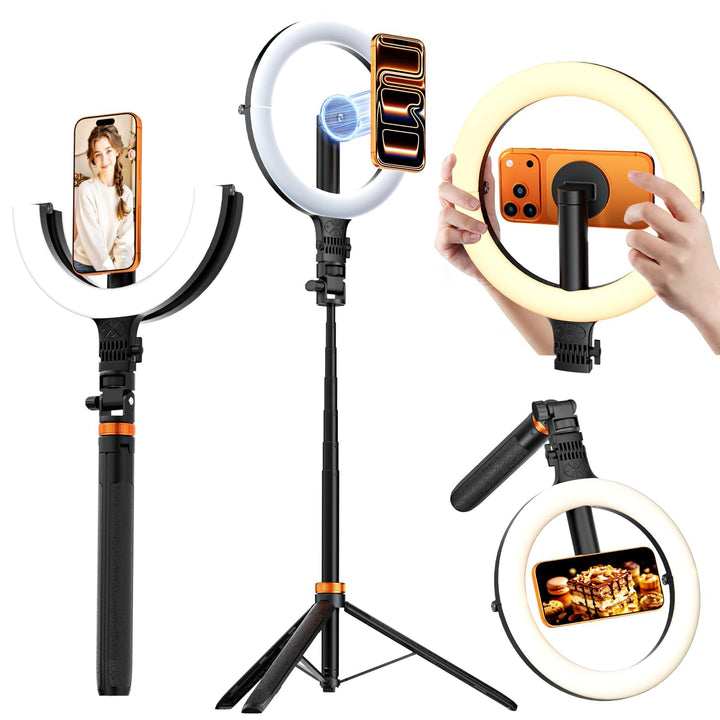 CloudValley 10" Magnet Ringlicht mit 76" Stativ, Handy Stativ mit 5000mAh wiederaufladbarem Licht, F