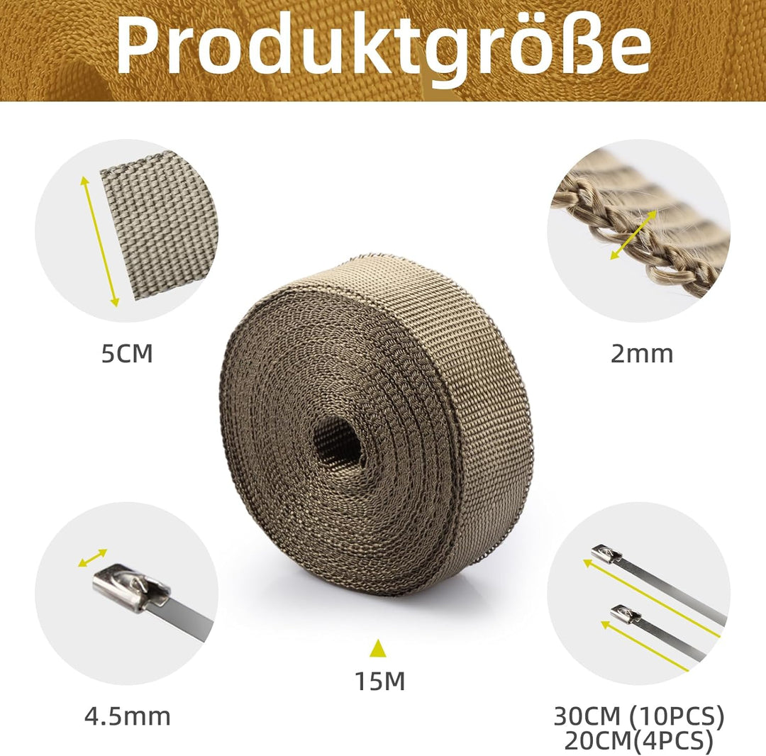 CARDI Auspuff Hitzeschutzband Titanium 5CMx15M Dicke 2MM Basaltfaser Auspuffband mit 14PCS Edelstahl