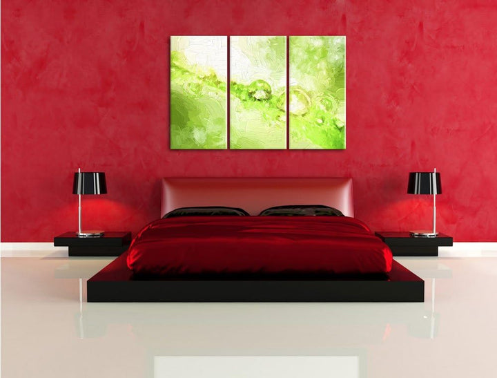 Pixxprint Wassertropfen auf Grashalm Kunst Pinsel Effekt 3-Teiler Leinwandbild 120x80 Bild auf Leinw