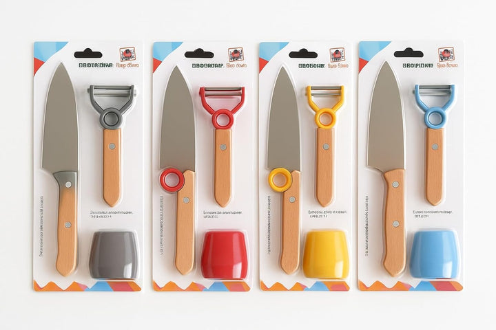 Kinder Kochmesser Set - 3 teilig - Kochmesser - Fingerschutz - Sparschäler - rostfrei Blau, Blau