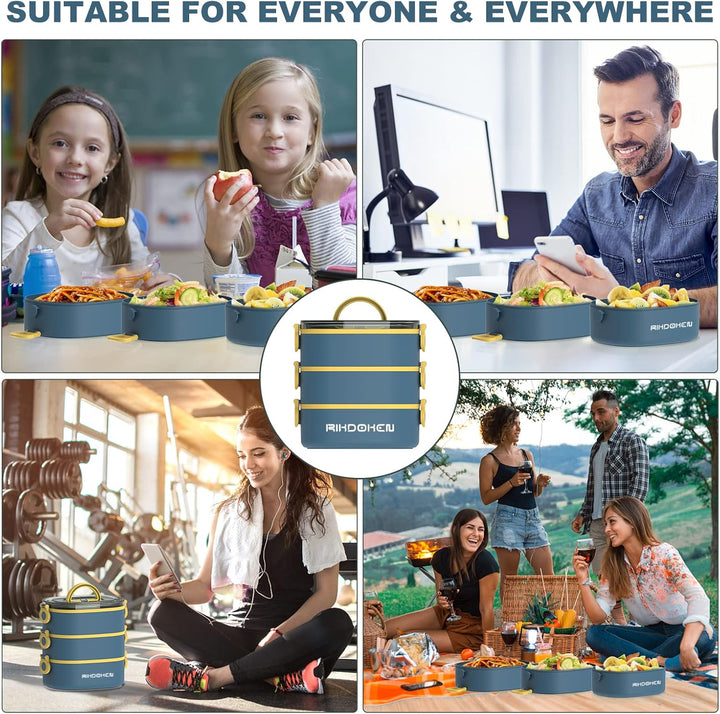 RIKDOKEN Bento Box Lunchbox, stapelbare 3-lagige Behälter, tragbare 2.6 l grosse Kapazität, auslaufs